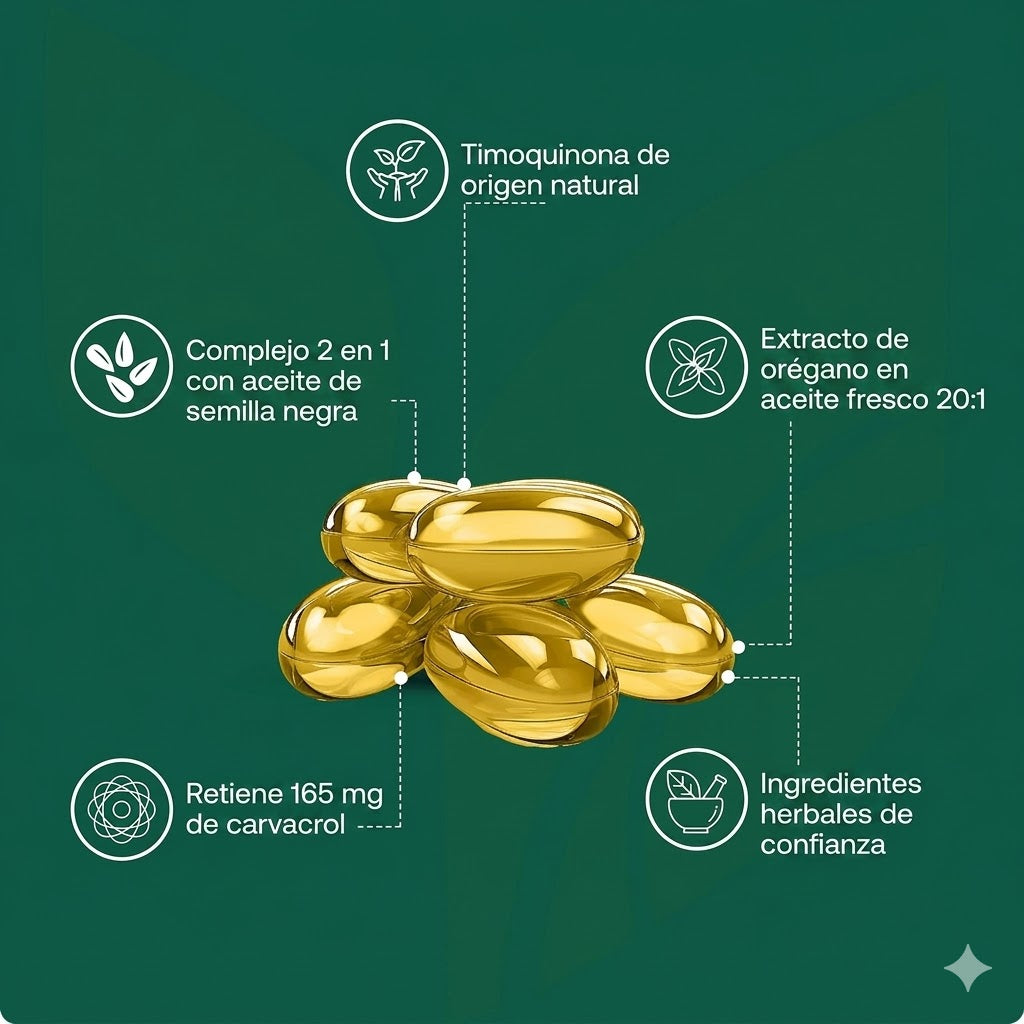 Aceite de Orégano + Semilla Negra-2 en 1 para tu inmunidad y digestión